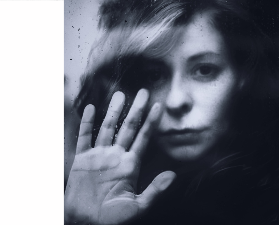 Roxana Donaldson: Painter and Memory Analyst. A monochromatic conceptual portrait representing the artist’s methodology: "Memory is a chaotic beast". The artist’s hand is pressed against a glass barrier, symbolizing the tactile boundary between the analytical gaze and the inward-directed mental burn. Anchored in analog process art.