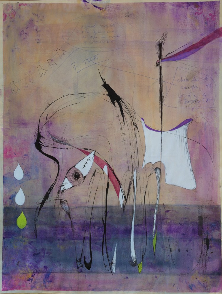 Roxana Donaldson The Childhood of the Matriarch, 50x70cm, ink on paper, 2020, artistic intervention in Revista Arta 56-57, 2022 on . Translucent background with purple stripes and the drawing of a crying baby elephant