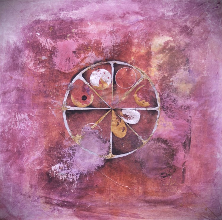 Roxana Donaldson, Architecture of Time, The Cycle, 73x73 cm, mixed media on recycled cotton bed sheet, 2024. Original Fine Art Abstract Painting purple textured background with thin circles
