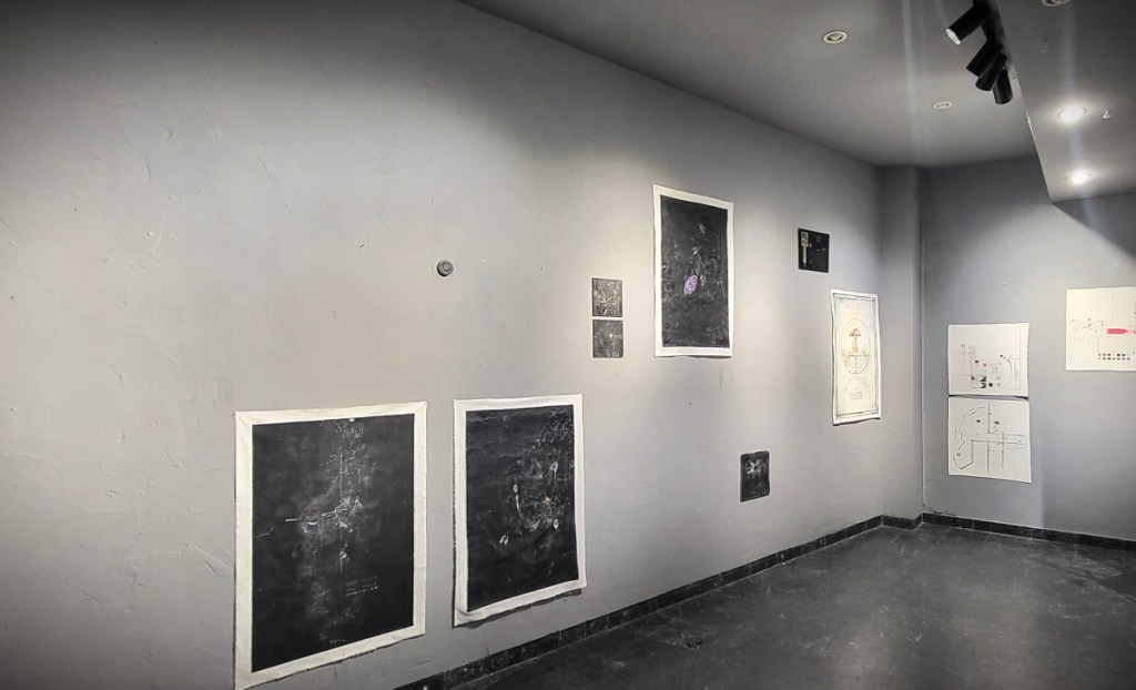 Aftermath of Safety - sequential wall composition Roxana Donaldson, mixed media on free recycled canvas, 2025