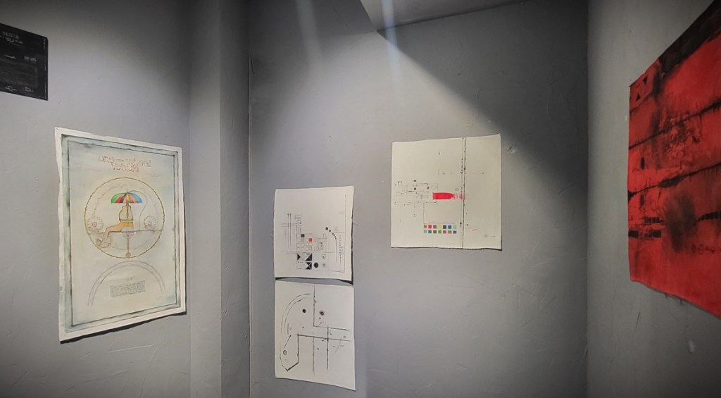 Research Logs - analytical diagrams by artist Roxana Donaldson, mixed media on recycled fabric, 70x70cm, 2025