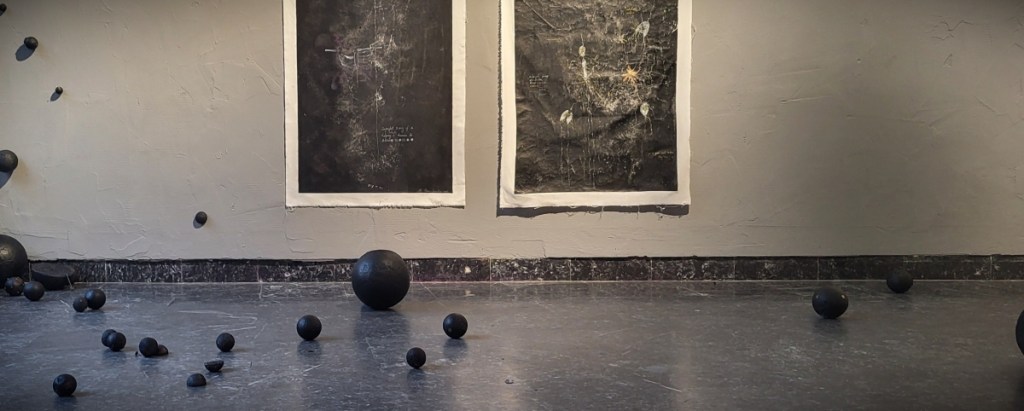 Aftermath Spheres - modular cluster composition Roxana Donaldson, mixed media assemblage, 2025