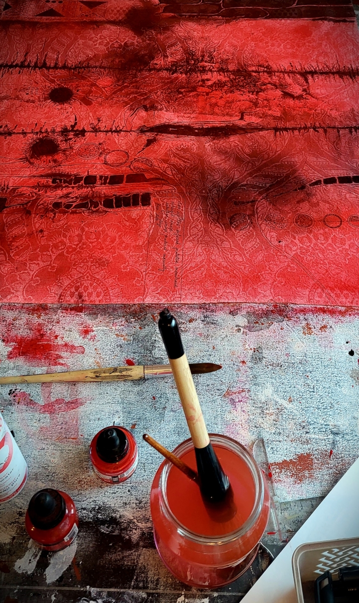 Process Is Memory - red fluid composition Roxana Donaldson, acrylic and ink on recycled canvas, 2025. The Lab - Red Archive