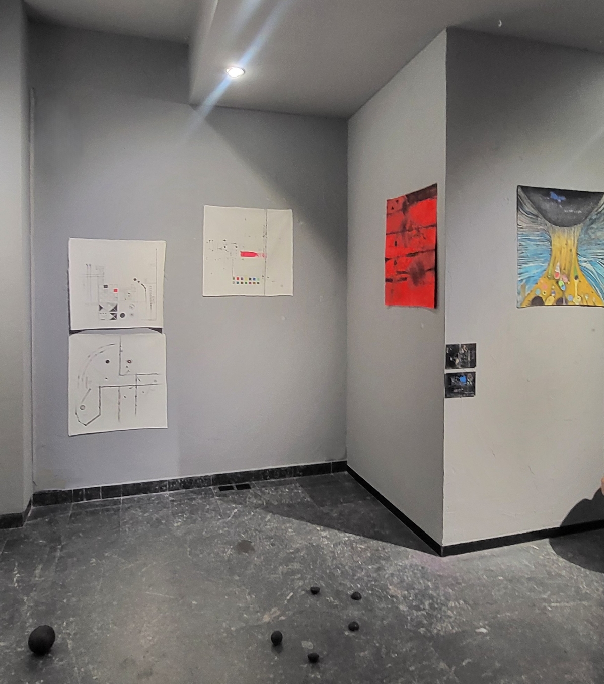 Aftermath Safety - corner exhibition view Roxana Donaldson, mixed media installation, 2025