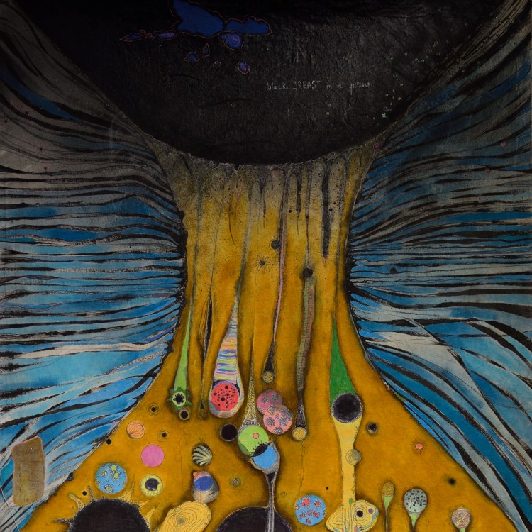 Vibrant yellow abstract painting by Romanian fine art painter Roxana Donaldson with organic black and blue forms, titled Black Breast on a Pillow.