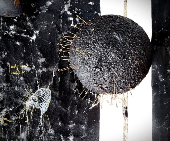 Emotional Mapping III - metaphorical needle sphere Roxana Donaldson, mixed media, 2025