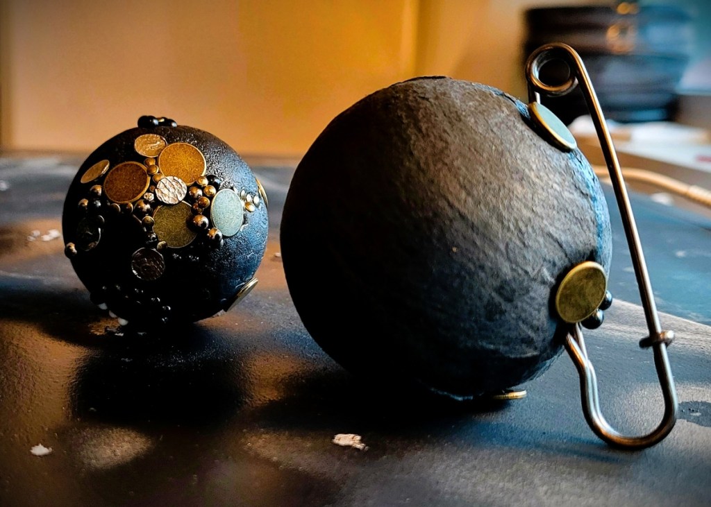 Tactile Extension III - dual sphere juxtaposition Roxana Donaldson, mixed media, 2025