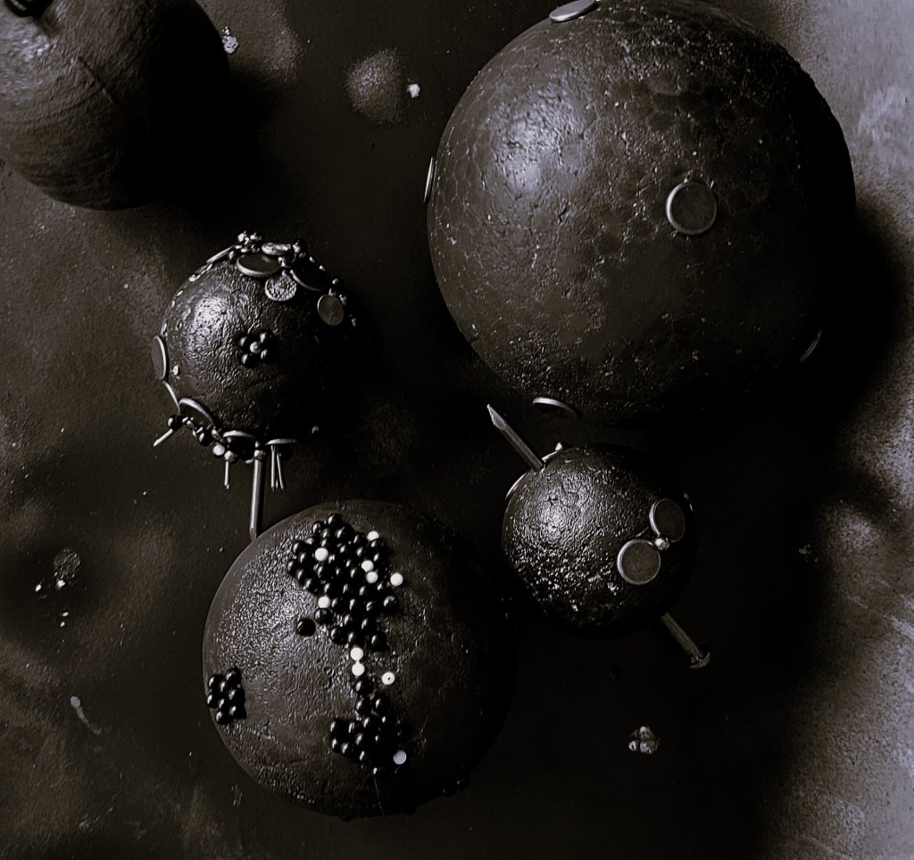 Tactile Extension IV - overhead archival spheres Roxana Donaldson, monochrome installation, 2025