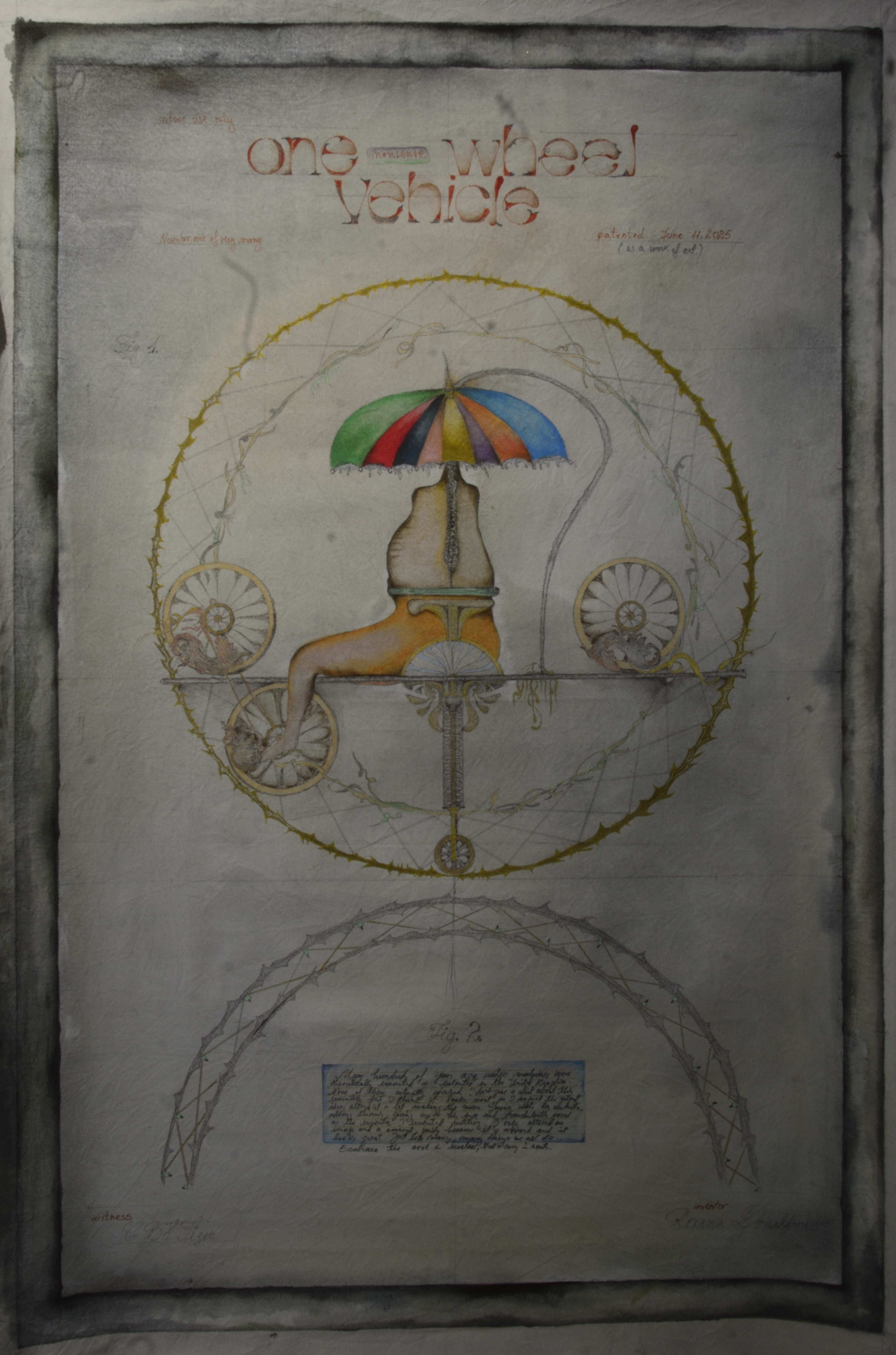 Roxana Donaldson, "One Nonsense Wheel Vehicle", Safety First, 70x100cm, mixe media drawing, 2025. Detailed patent-style drawing on cloth by Roxana Donaldson, featuring an absurd vehicle with an umbrella.