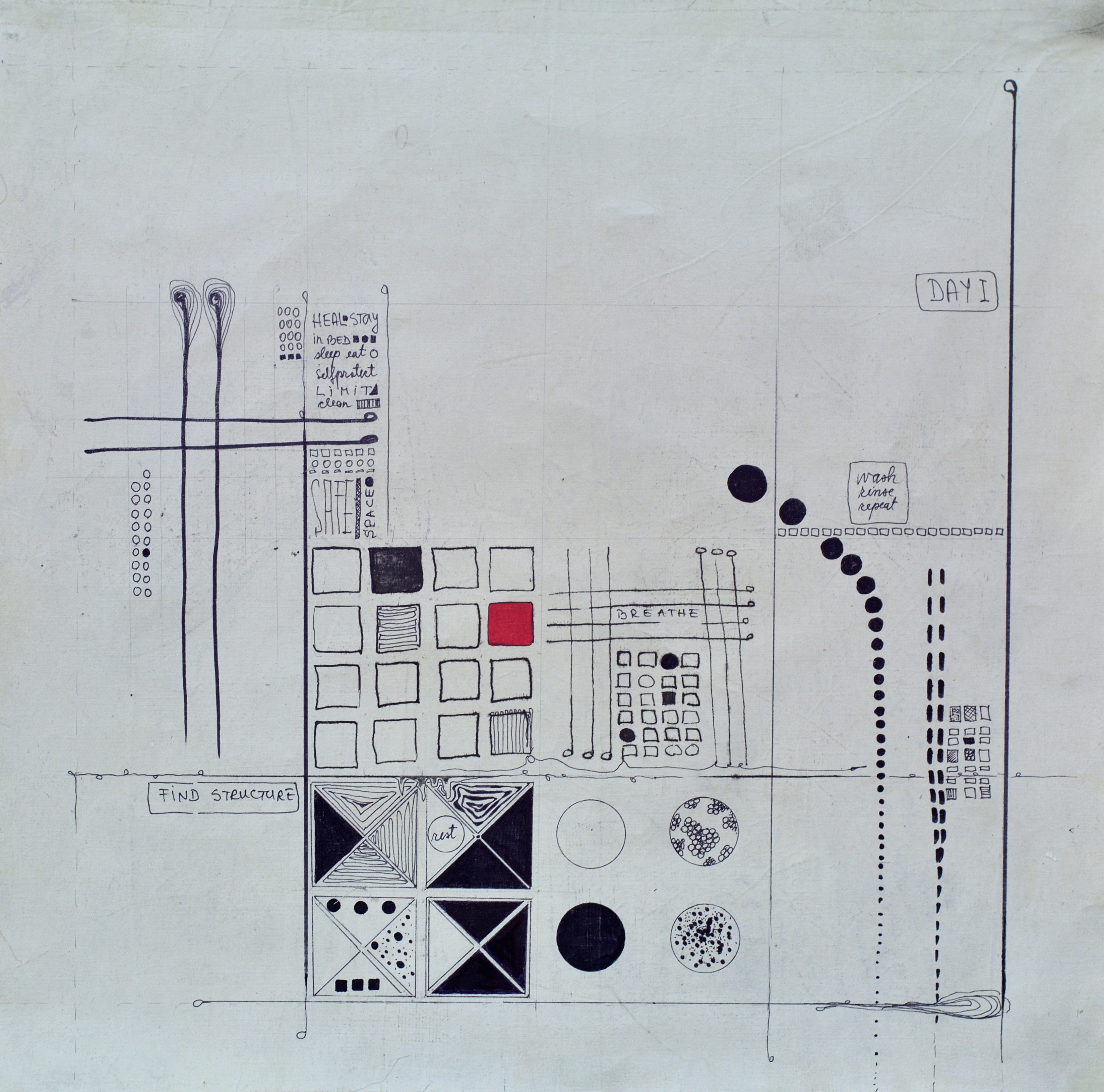 Grid-based conceptual drawing on cloth by Roxana Donaldson, featuring squares, circles, and the text Find Structure, Mixed media on loose cloth, 85x85cm, 2025.