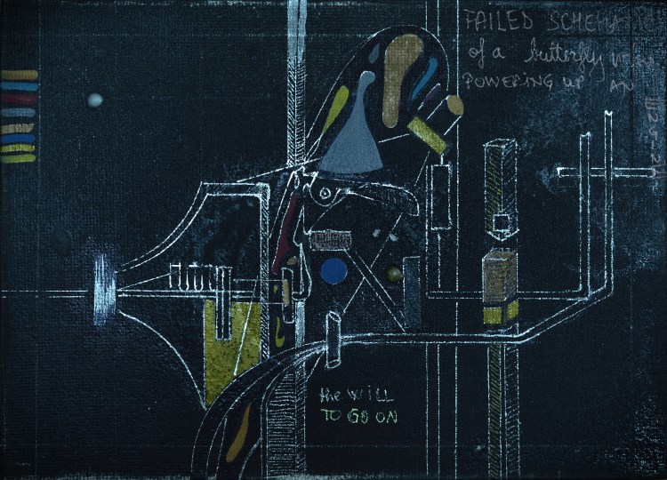 Roxana Donaldson, Failed Schematics 2: Schematics of a Dream, Safety First Art Installation, Mixed media on silk paper and cardboard, 10x15cm, 2025. Part of the Failed Schematics series. It uses industrial metaphors (the engine) to archive the subconscious, highlighting the inherent failure of technical diagrams to fully capture a dream.