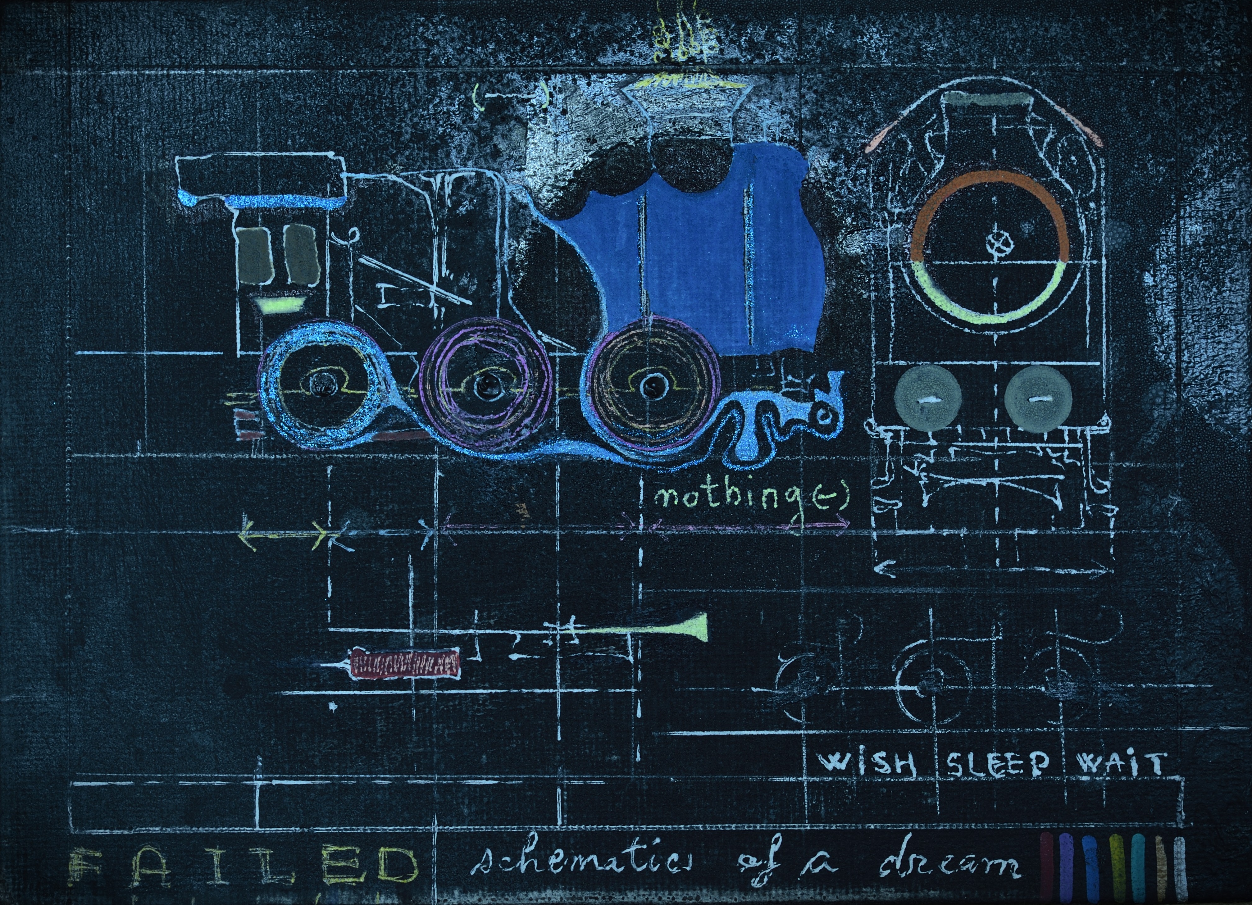 Dark schematic artwork by Roxana Donaldson, titled Failed Schematic of a Butterfly Wing, with white technical lines.