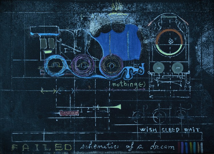 Roxana Donaldson, Failed Schematics 1: The Will to Go On,Mixed media on silk paper and cloth, 10x15cm, dark background with white technical lines.