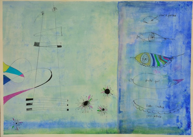 Roxana Donaldson - the Fairy Tales - Ladder Watching a Fish Abstract figurative painting with black and colorful drawings of flowers, ladders and fish on cloudy blue background