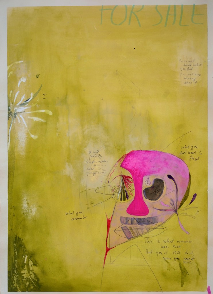 Roxana Donaldson - the Fairy Tales - the Inside of a Remorse. Painting featuring a pink study of a skull with inscriptions, flower and vivid olive textured background