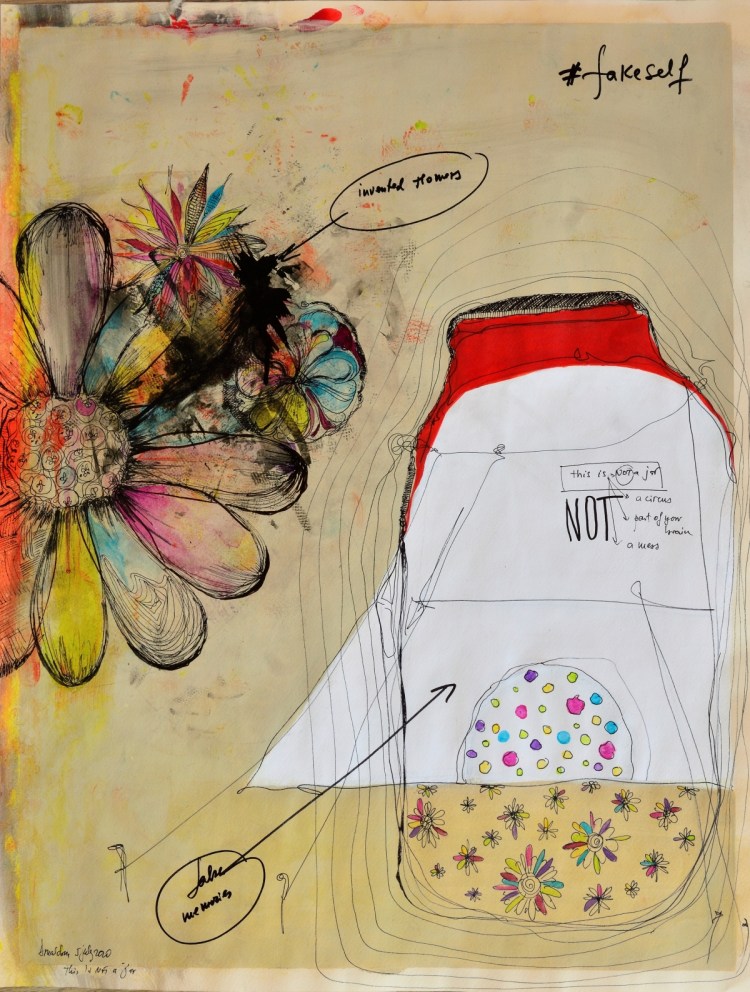 Roxana Donaldson - the Fairy Tales - This is Not a Jar. Abstract contemporary fine art painting with multicoloured flower drawing and abstract jar-like container on a cream textured background with inscription.