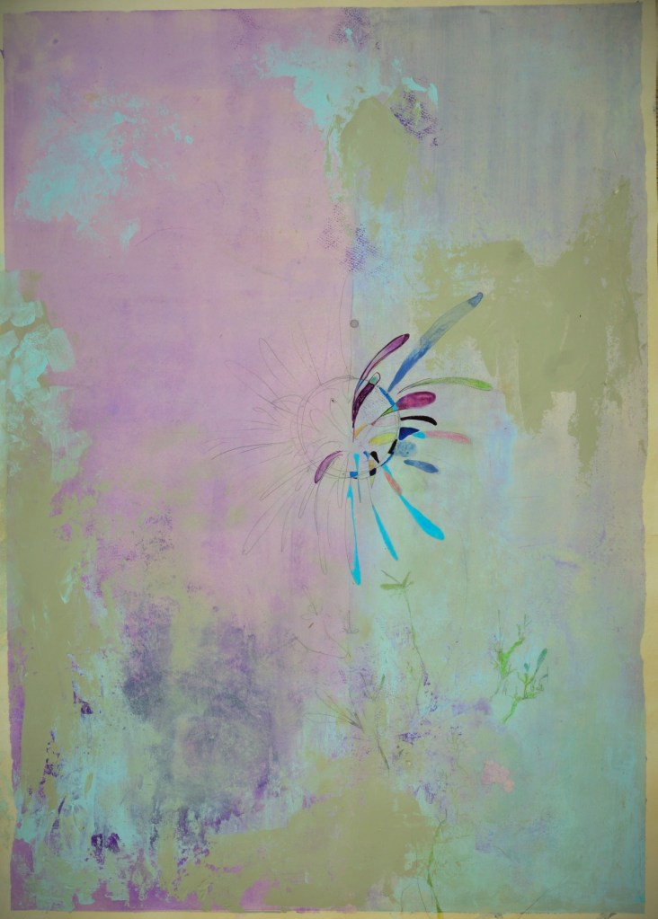 Roxana Donaldson - the Fairy Tales - the Unfinished Flower. Colourful flower painting on textured old wall purple, green and blue eroded background