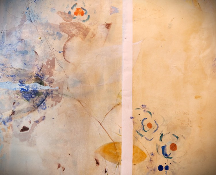 Roxana Donaldson - Fragmentum I - blue flower detail I Roxana Donaldson, painting fine art, 1.5x10m-mixed-media-paper, 2021