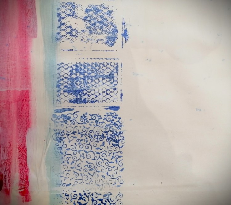 Roxana Donaldson - Fragmentum - red and blue wall geometric patterns Roxana Donaldson, painting fine art, 1.5x10m-mixed-media-paper, 2021