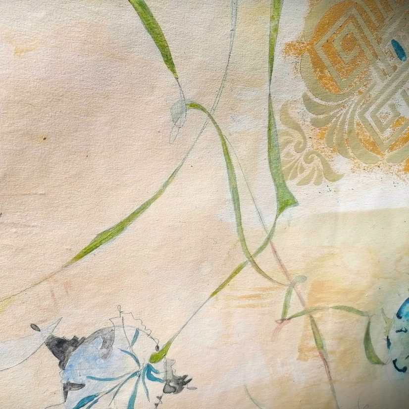 Roxana Donaldson - Fragmentum - blue and green vines painted on red and blue wall geometric patterns Roxana Donaldson, painting fine art, 1.5x10m-mixed-media-paper, 2021