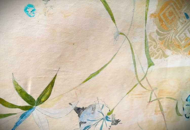 Roxana Donaldson - Fragmentum - blue and green vines painted on red and blue wall geometric patterns Roxana Donaldson, painting fine art, 1.5x10m-mixed-media-paper, 2021