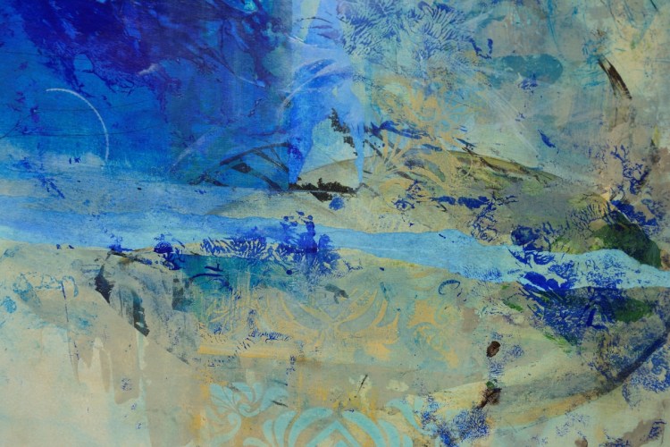 Roxana Donaldson - Fragmentum - blue stratified abstract painting detail Roxana Donaldson, painting fine art, 1.5x10m-mixed-media-paper, 2021