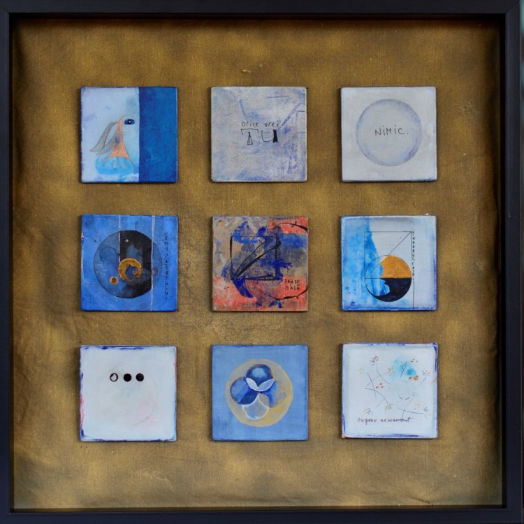 Roxana Donaldson - the Library of Time Patterns - The Tablecloth mixed media on wood+reclaimed domestic fabric. Grid like composition with 9 painted blocks of wood on golden wavy canvas with miniature abstract symbolic drawings, framed in black. Status- sold to private collection.