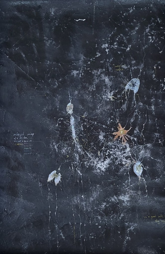 Roxana Donaldson, Imperfect X-Ray #3: Broken Tissue + Brain, 70x100cm, mixed technique on recycled fabric, 2025. Safety First! art installation, installation by Roxana Donaldson solo show 2025. The image is representative for fine art artist Roxana Donaldson. Mixed technique on cloth panel by Roxana Donaldson. Conceptual inscriptions and layered process art and post minialist Dark textured background with white organic splatter and inscriptions about kintsugi by artist Roxana Donaldson.