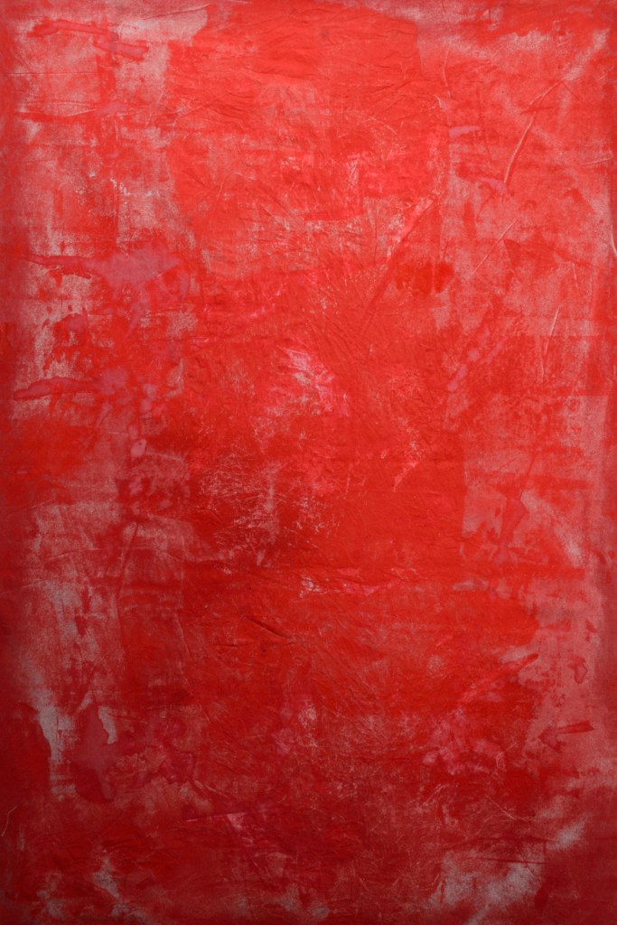 Roxana Donaldson, Imperfect X-Ray #6: Blood Cell 2, 70x100cm, mixed technique on recycled fabric, 2025. Safety First! art installation, installation by Roxana Donaldson solo show 2025. The image is representative for fine art artist Roxana Donaldson. Mixed technique on cloth panel by Roxana Donaldson. Conceptual inscriptions and layered process art and post minimalist art. Red layered textures Dark textured painting by Roxana Donaldson. Red abstract artwork featuring organic stains and texturesDeep red abstract artwork on cloth by Roxana Donaldson, featuring organic stains and textures