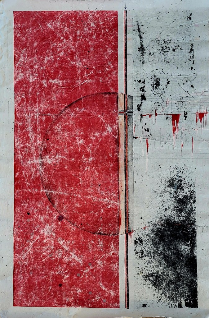 Minimalist red and white abstract painting by Roxana Donaldson with cardiac pulse lines and black textures.