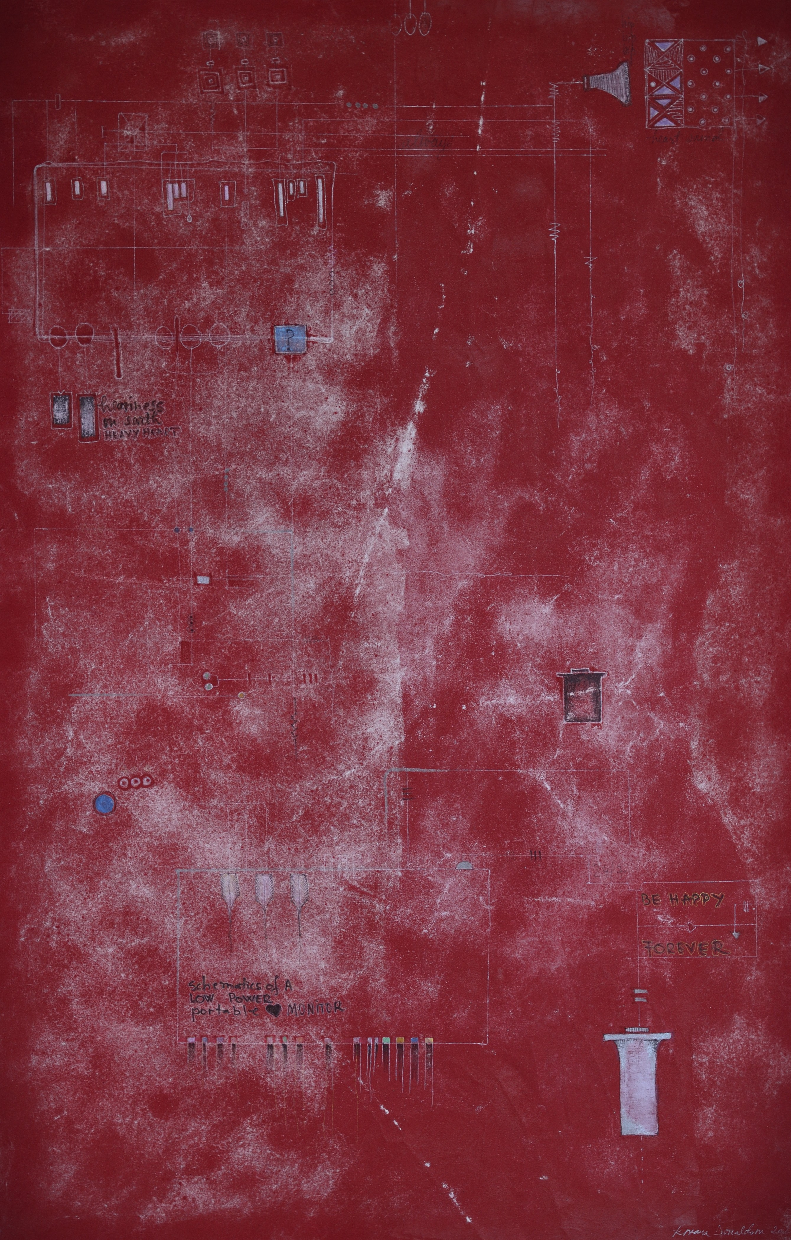 Red background with white schematic drawings of a heart monitor and medical symbols by Roxana Donaldson.