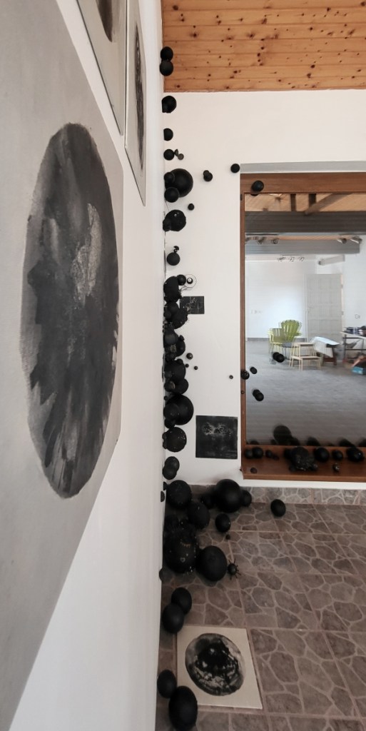 Hybrid Map - technical diagram and assemblage art black spheres Roxana Donaldson, 2025