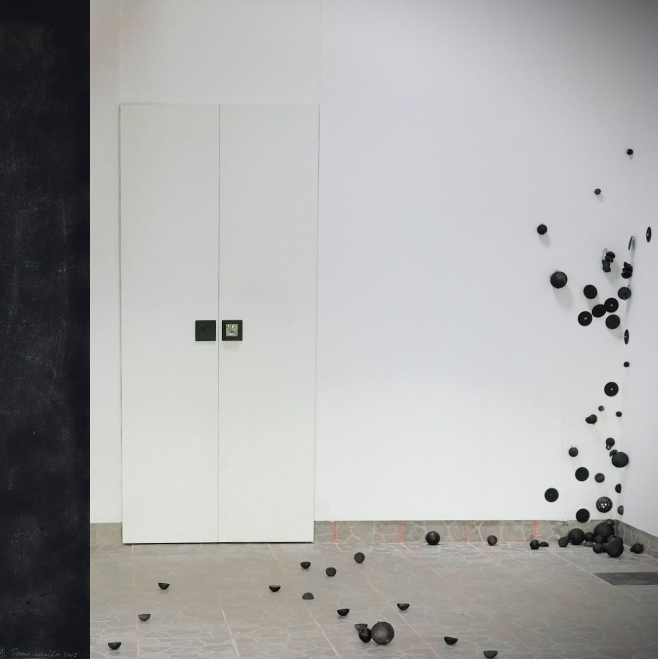 Roxana Donaldson, Safety First! Art Installation 4 2025 DalgART Craiova. Conceptual painting and installation view of Safety First by Roxana Donaldson, Dalgart Gallery 2025. White walls and black spheres and paintings