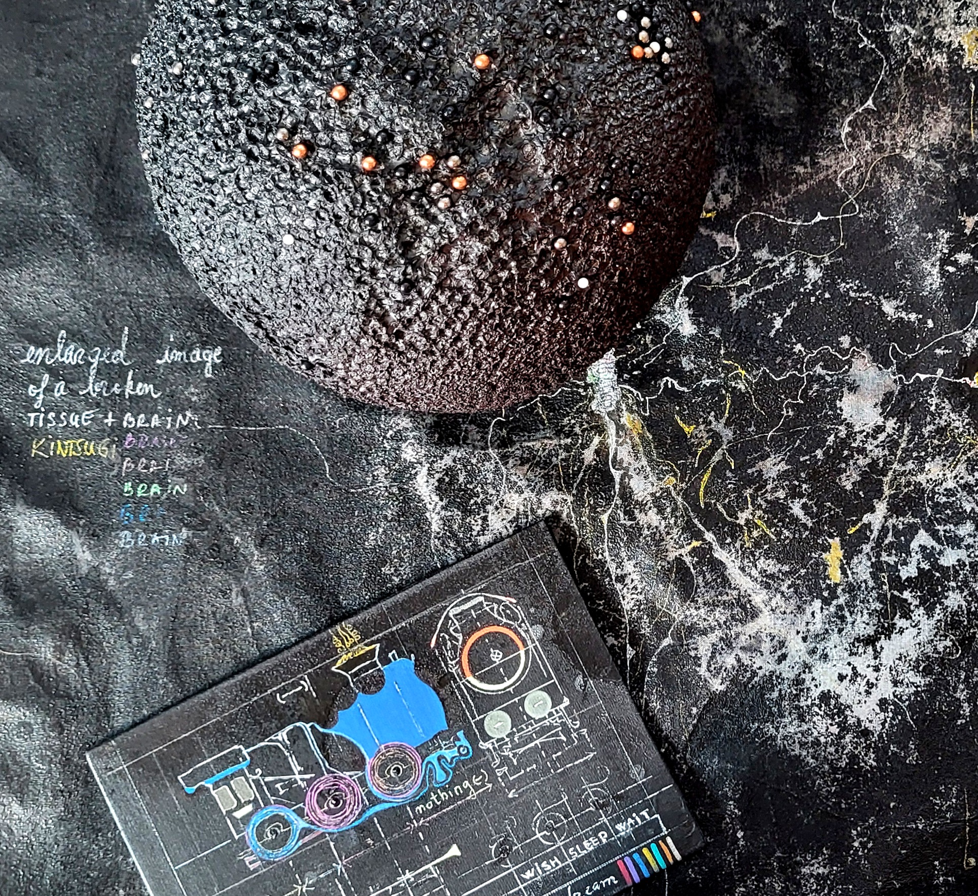 Roxana Donaldson, Safety First art installation 8, Assemblage art black spheres, detail, 2025. Black porous sphere with pins, wires and nails on a white wall in official Safety First the Aftermath exhibtion, Bucharest, Galeria Calea Victoriei 91-93, 2025.