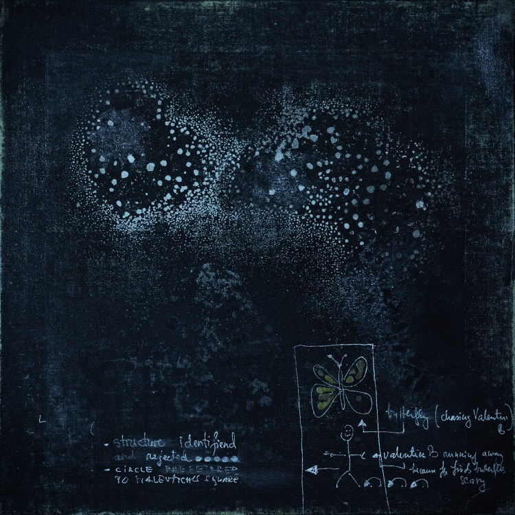 Roxana Donaldson, Structure Identified: Chasing Valentin B, Mixed media on canvas panel, 30x30cm, 2025.Dark textured artwork by Roxana Donaldson with a refference to Malevitch black square.
