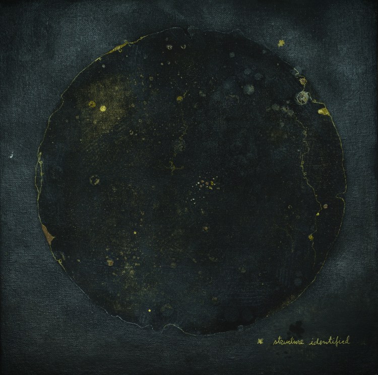 Roxana Donaldson, Structure Identified 1: Sub-Structures, Safety First, Mixed media on silk paper and cloth panel, 30x30cm, 2025., Abstract artwork with golden geography like lines and a central organic form by Roxana Donaldson.