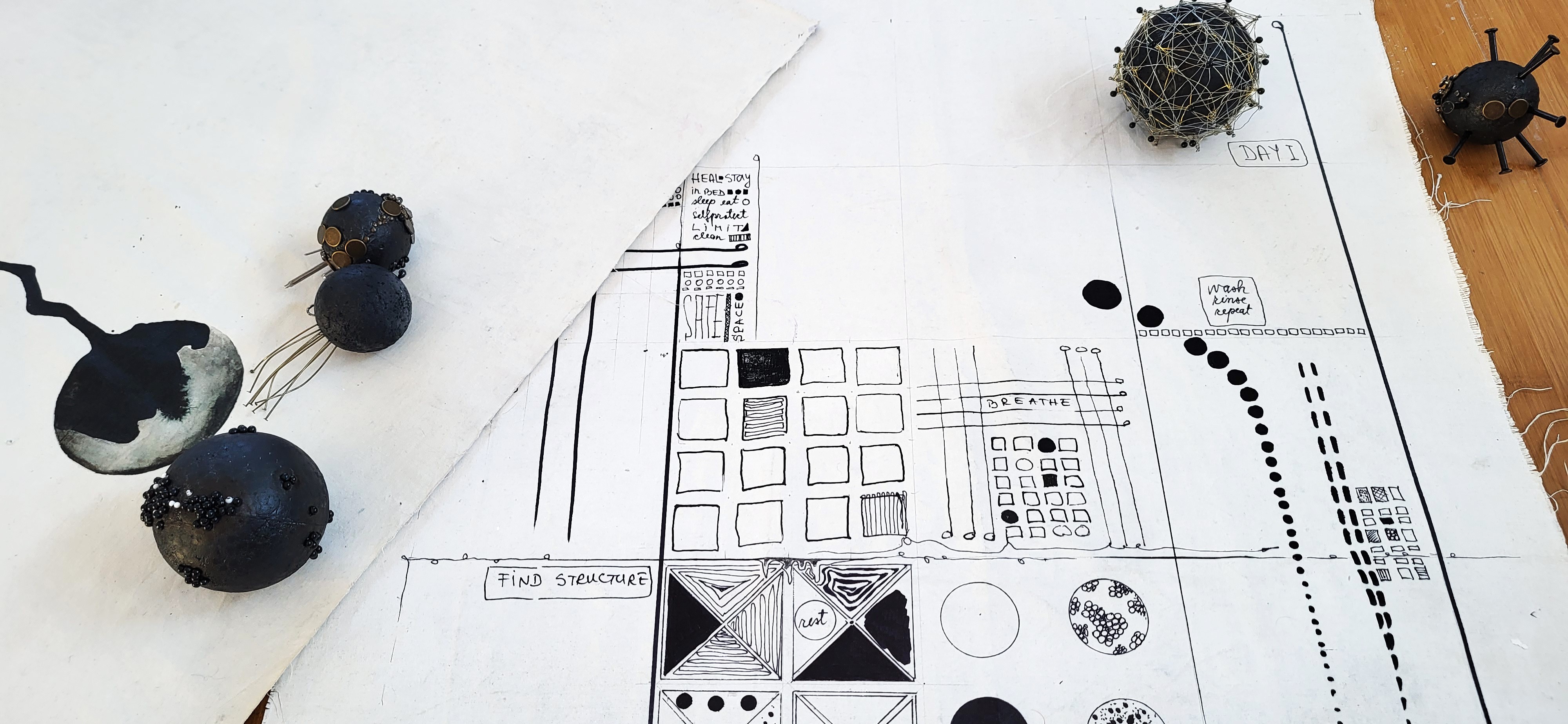 Roxana Donaldson, Safety First art installation 5, Assemblage art black spheres, detail, 2025. Black porous sphere with pins, wires and nails on a white wall in official Safety First the Aftermath exhibtion, Bucharest, Galeria Calea Victoriei 91-93, 2025.