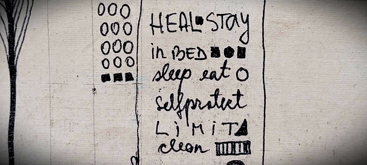 Roxana Donaldson Safety First Diagrams of Protection Day 1 Painting Detail featuring protective black hand written inscriptions on grey reclaimed vintage domestic fabric